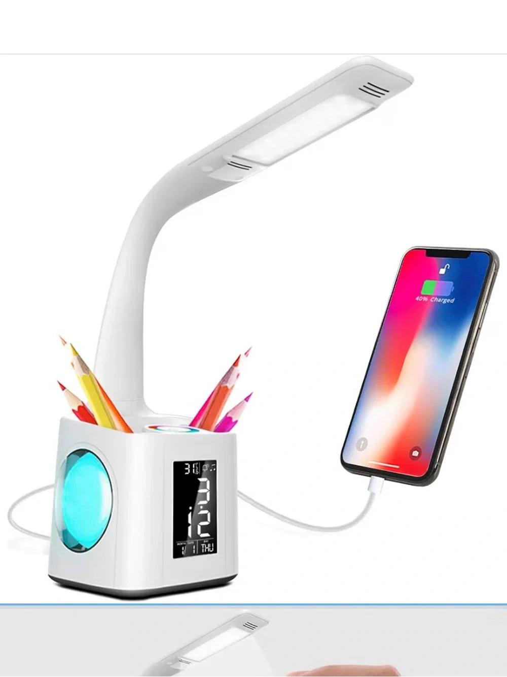 White LED Desk Lamp with Touch Color Ring and Organizer